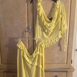 PrettyLittleThing Yellow One-Shoulder Ruffle Dress Set